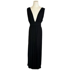 LOVERS + FRIENDS Black Maxi Plunging V Neck Ruched Dress Wedding Date‎ size M